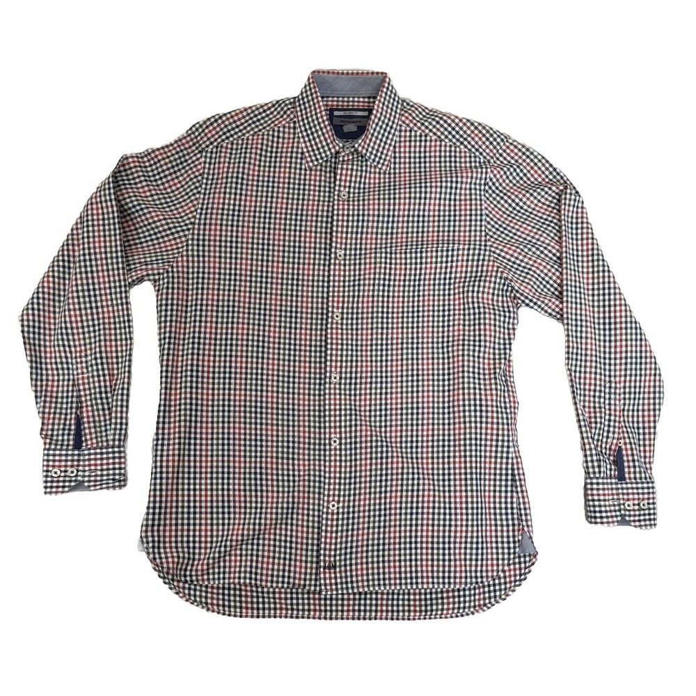 Johnston Murphy Shirt Mens Size Medium Blue Orange Plaid Button Up Tailored Fit